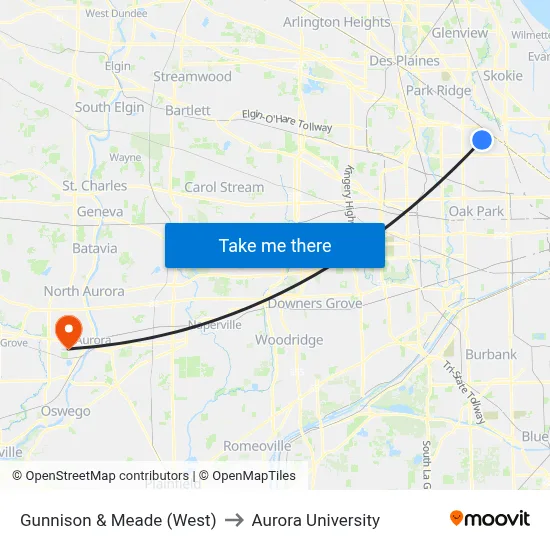 Gunnison & Meade (West) to Aurora University map