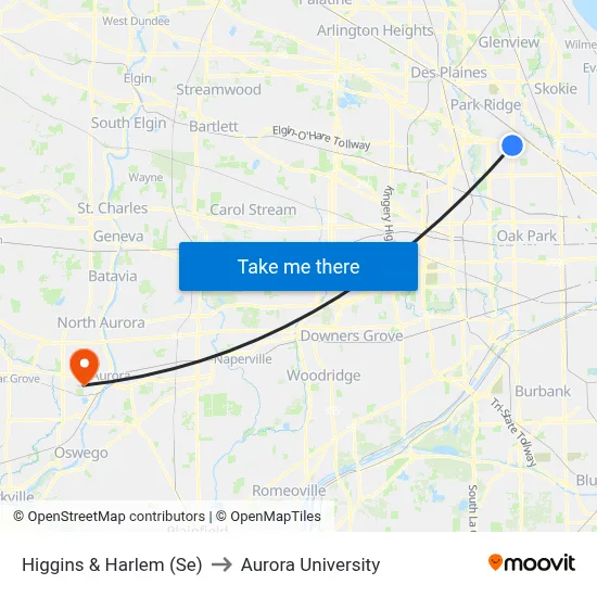 Higgins & Harlem (Se) to Aurora University map