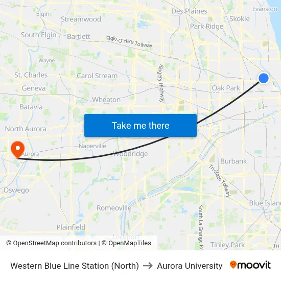Western Blue Line Station (North) to Aurora University map
