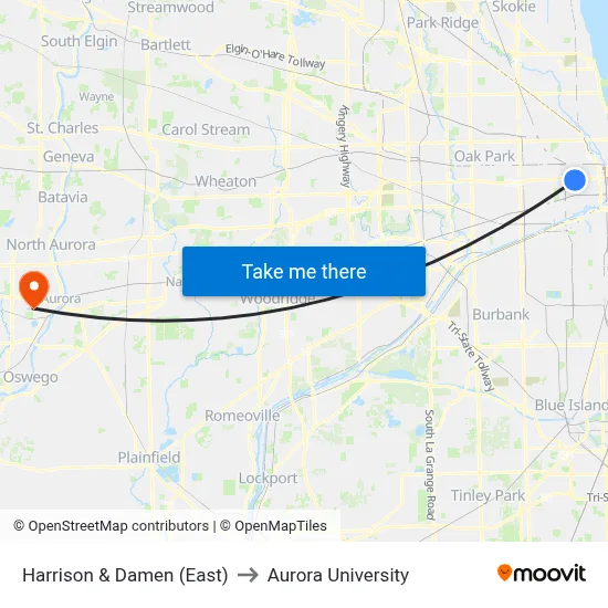 Harrison & Damen (East) to Aurora University map