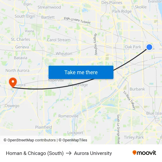 Homan & Chicago (South) to Aurora University map