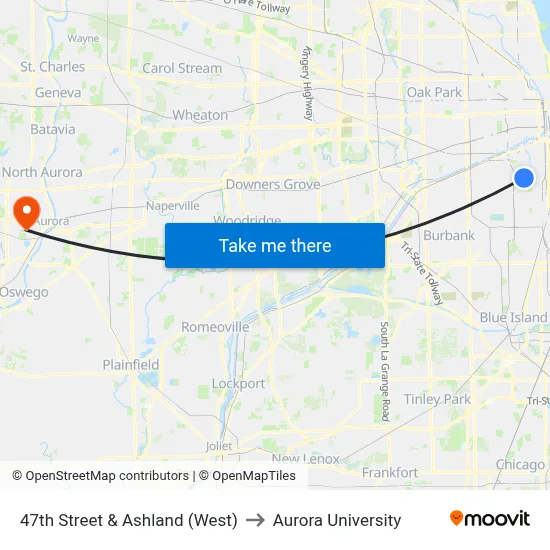 47th Street & Ashland (West) to Aurora University map