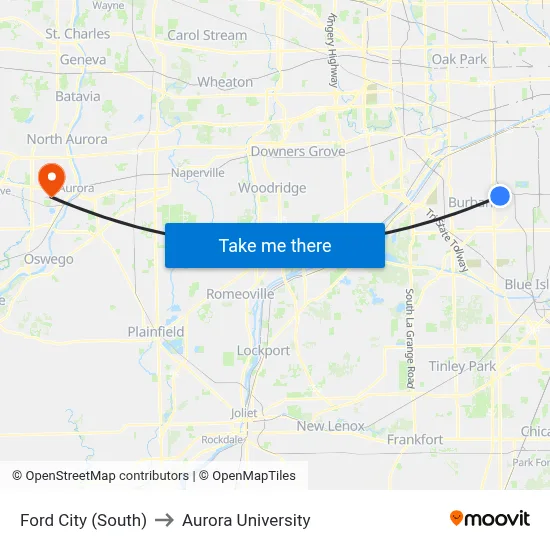 Ford City (South) to Aurora University map