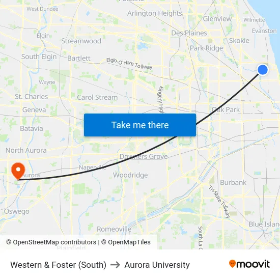 Western & Foster (South) to Aurora University map