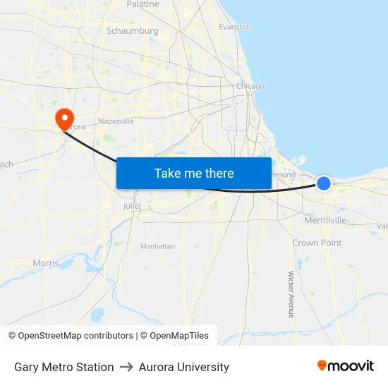 Gary Metro Station to Aurora University map