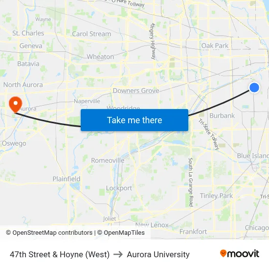 47th Street & Hoyne (West) to Aurora University map