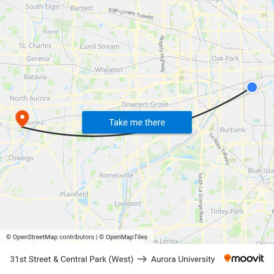 31st Street & Central Park (West) to Aurora University map