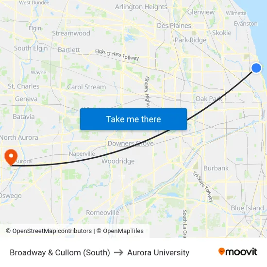 Broadway & Cullom (South) to Aurora University map
