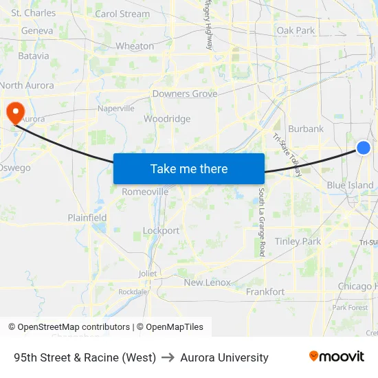 95th Street & Racine (West) to Aurora University map