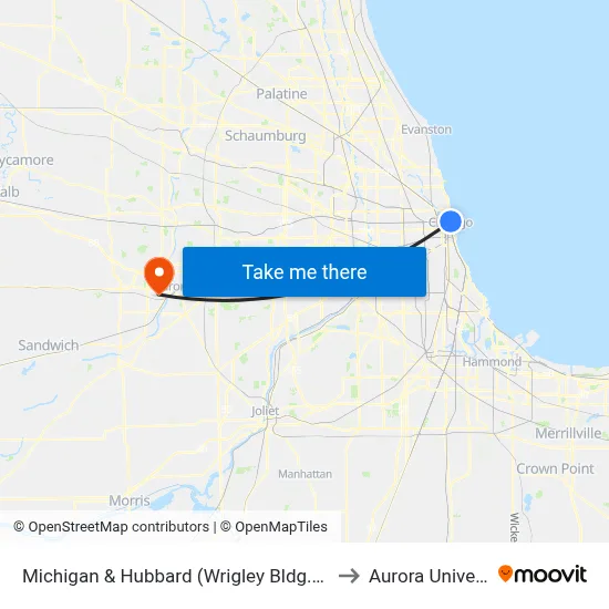 Michigan & Hubbard (Wrigley Bldg.) (South) to Aurora University map