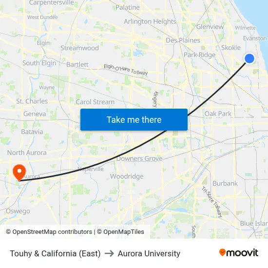 Touhy & California (East) to Aurora University map