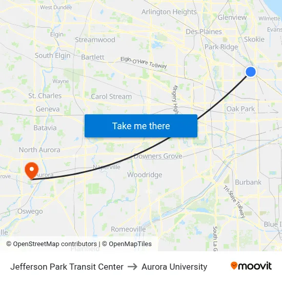 Jefferson Park Transit Center to Aurora University map