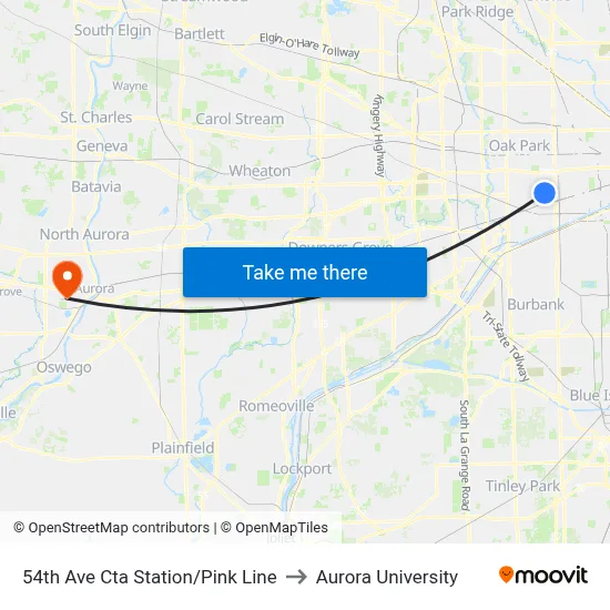 54th Ave Cta Station/Pink Line to Aurora University map