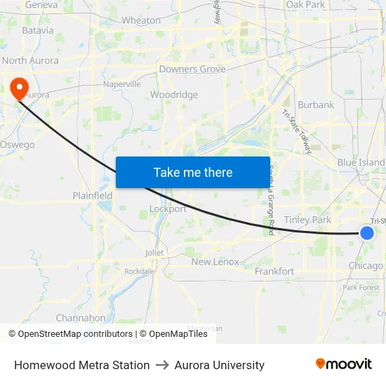 Homewood Metra Station to Aurora University map