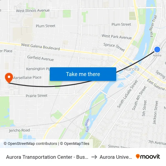 Aurora Transportation Center - Bus Stop A to Aurora University map