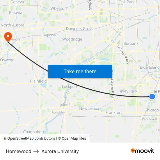 Homewood to Aurora University map