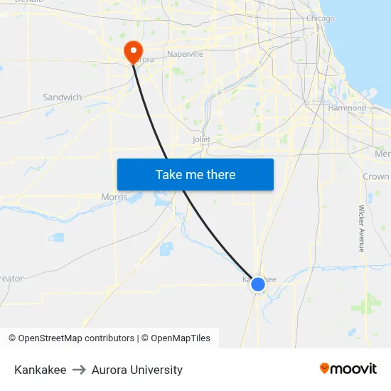 Kankakee to Aurora University map