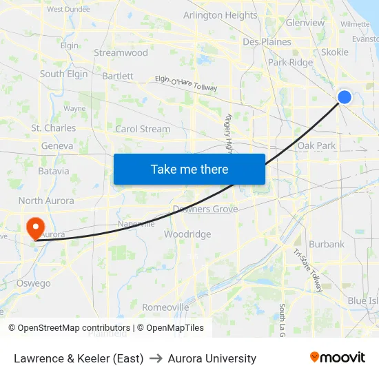 Lawrence & Keeler (East) to Aurora University map