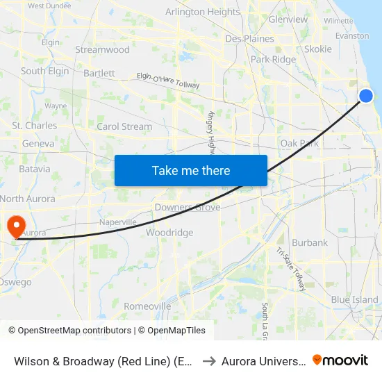 Wilson & Broadway (Red Line) (East) to Aurora University map