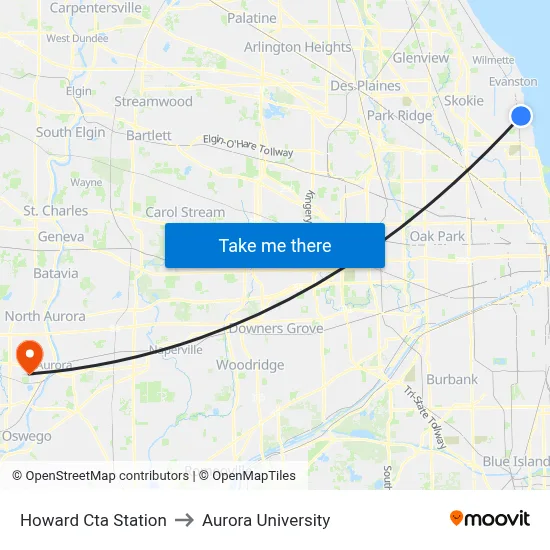 Howard Cta Station to Aurora University map