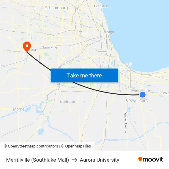 Merrillville (Southlake Mall) to Aurora University map