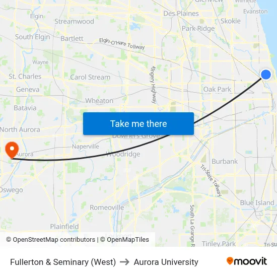 Fullerton & Seminary (West) to Aurora University map