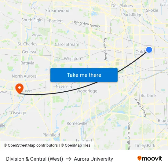 Division & Central (West) to Aurora University map