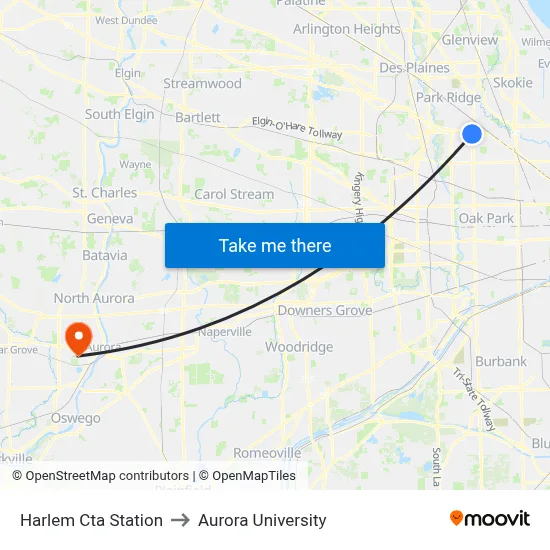 Harlem Cta Station to Aurora University map