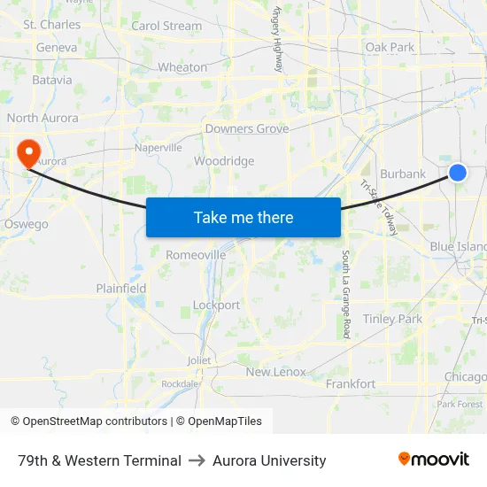 79th & Western Terminal to Aurora University map