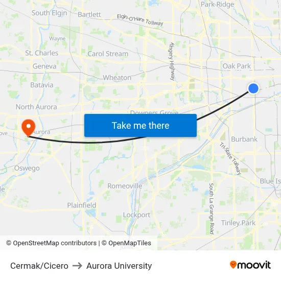 Cermak/Cicero to Aurora University map
