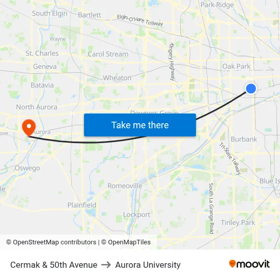 Cermak & 50th Avenue to Aurora University map