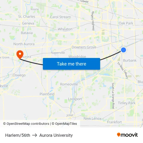 Harlem/56th to Aurora University map