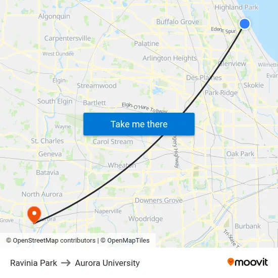 Ravinia Park to Aurora University map