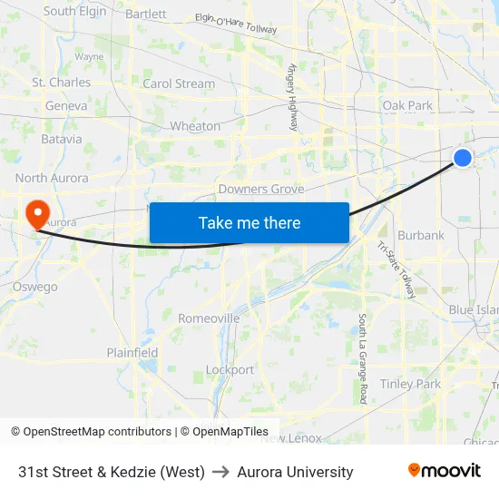 31st Street & Kedzie (West) to Aurora University map