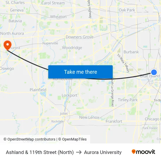 Ashland & 119th Street (North) to Aurora University map