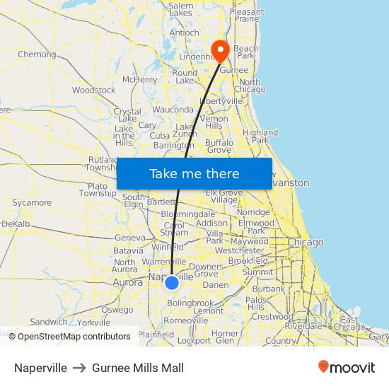 Naperville to Gurnee Mills Mall map