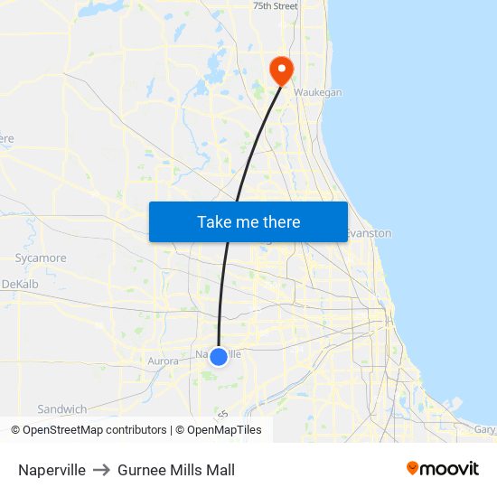 Naperville to Gurnee Mills Mall map