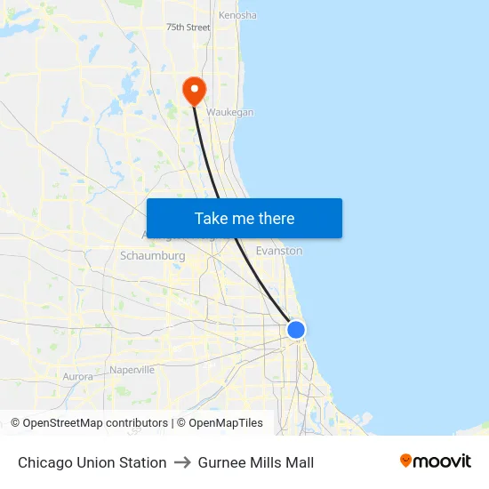 Chicago Union Station to Gurnee Mills Mall map