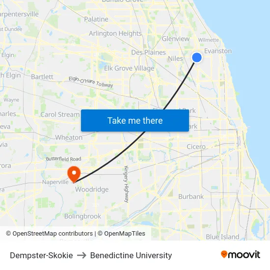 Dempster-Skokie to Benedictine University map