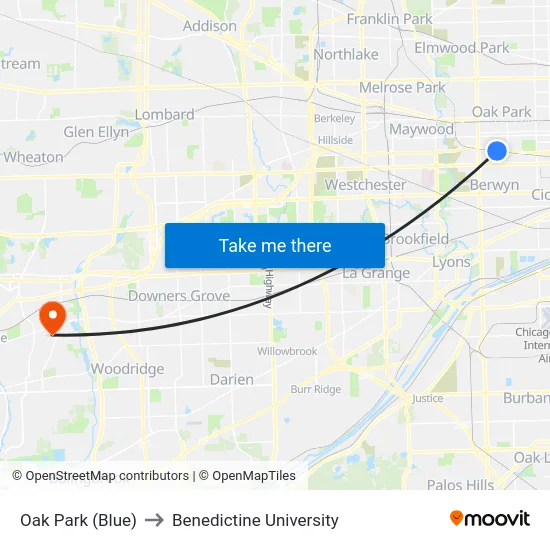 Oak Park (Blue) to Benedictine University map