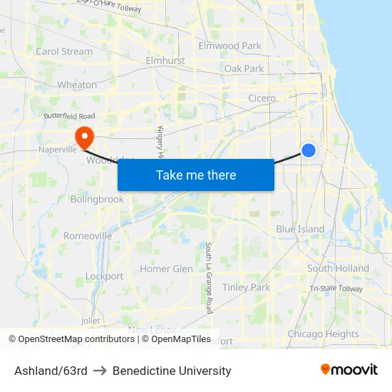 Ashland/63rd to Benedictine University map