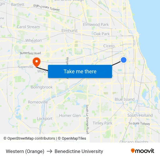 Western (Orange) to Benedictine University map