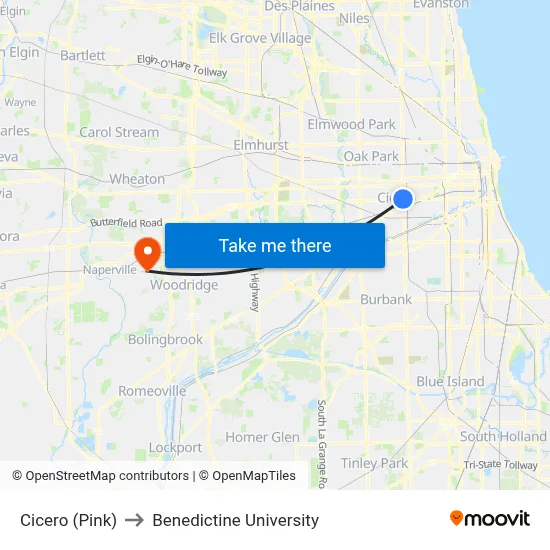 Cicero (Pink) to Benedictine University map