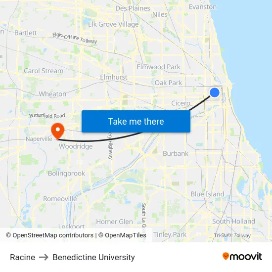 Racine to Benedictine University map