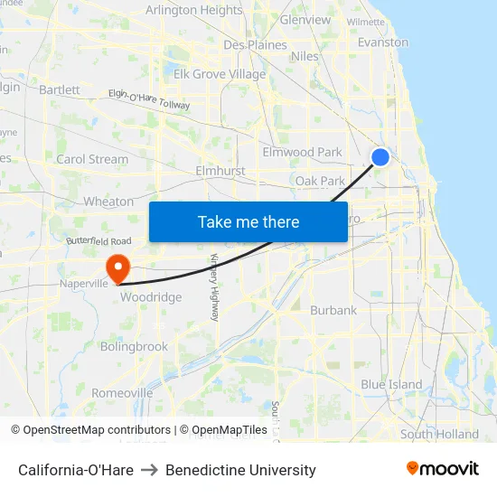 California-O'Hare to Benedictine University map