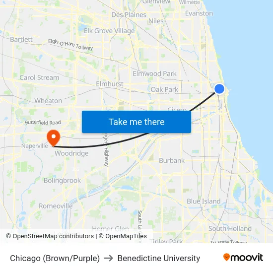 Chicago (Brown/Purple) to Benedictine University map