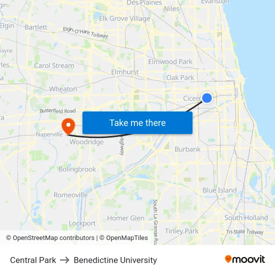 Central Park to Benedictine University map