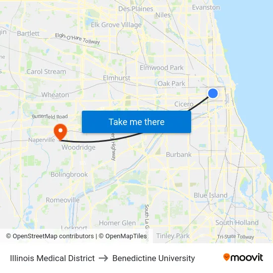 Illinois Medical District to Benedictine University map