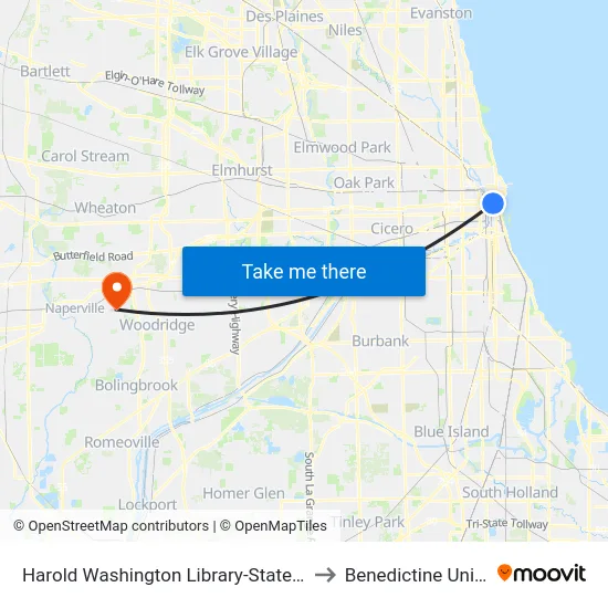 Harold Washington Library-State/Van Buren to Benedictine University map