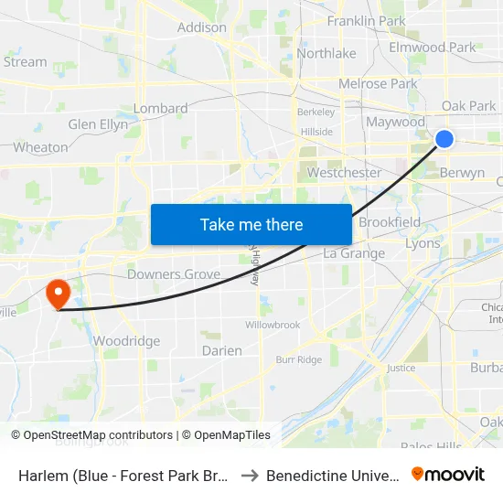 Harlem (Blue - Forest Park Branch) to Benedictine University map